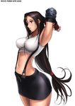  ass breasts brown_eyes brown_hair cowboy_shot curvy final_fantasy final_fantasy_vii large_breasts long_hair low-tied_long_hair midriff miniskirt pencil_skirt ryu_(ryu's_former_site) skirt solo stretch suspender_skirt suspenders tifa_lockhart 