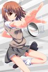  biribiri brown_eyes brown_hair coin hair_ornament hairclip kamijou_touma md5_mismatch misaka_mikoto nicci reflection school_uniform short_hair shorts solo to_aru_kagaku_no_railgun to_aru_majutsu_no_index 