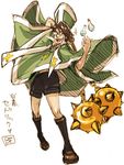  arc_system_works battle_fantasia bottle brown_hair cape cedric_ward flail flask glasses holy_water leaning_back morning_star smile sparkle water weapon 
