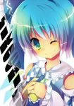  bad_id bad_pixiv_id blue_eyes blue_hair bow cirno cosplay detached_sleeves gohei hair_bow hakurei_reimu hakurei_reimu_(cosplay) one_eye_closed rarami short_hair smile solo touhou 