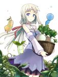  basket blue_eyes circlet creature detached_sleeves dress flower katase_yuu lily_of_the_valley long_hair md5_mismatch mist_(rune_factory) plant ponytail rune_factory rune_factory_1 rune_factory_frontier smile solo tiara turnip white_hair 