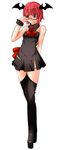  alternate_costume alternate_hairstyle aoshima bare_shoulders bat_wings bespectacled black_legwear boots cravat dress glasses head_wings highres koakuma red_eyes red_hair short_dress short_hair solo thigh_boots thighhighs touhou wings 