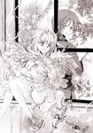  1girl bad_id bad_pixiv_id bare_shoulders book breasts cleavage curtains hair_intakes highres long_hair medium_breasts monochrome original purple ribbon senkyoushi_gondolf shoe_dangle sword weapon window wings wrist_cuffs 