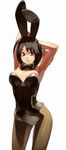  animal_ears armpits arms_behind_head arms_up black_hair bow bowtie breasts bunny_ears bunnysuit detached_collar highres large_breasts original pantyhose red_eyes shihou_(g-o-s) short_hair solo wide_hips 