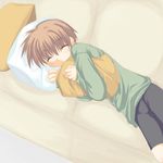 1boy bike_shorts brown_hair child couch eyes_closed lowres male male_focus shota sleeping solo 