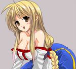  1girl arc_the_lad arc_the_lad_ii bare_shoulders blonde_hair braid breasts brown_eyes cleavage dress erugiza female lieza long_hair open_mouth simple_background single_braid solo 