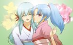  blue_hair botan_(yuu_yuu_hakusho) closed_eyes green_hair japanese_clothes kimono l_(elle) long_hair multiple_girls one_eye_closed pink_eyes ponytail puckered_lips smile yukina_(yuu_yuu_hakusho) yuu_yuu_hakusho 