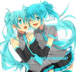  alternate_hairstyle aqua_eyes aqua_hair bad_id bad_pixiv_id detached_sleeves dual_persona hatsune_miku holding_hands long_hair multiple_girls necktie one_eye_closed ponytail riputon smile thighhighs twintails very_long_hair vocaloid 