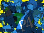  4girls amagi_yukiko black_hair blonde_hair blue_eyes blue_hair brown_hair cabbie_hat fan glasses grey_hair gun hanamura_yousuke hat headphones kujikawa_rise kuma_(persona_4) long_hair multiple_boys multiple_girls narukami_yuu one_eye_closed persona persona_4 satonaka_chie satoo_(pixiv) school_uniform serafuku shirogane_naoto short_hair sunglasses sword tatsumi_kanji thighhighs weapon 