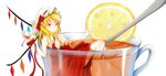  blonde_hair breasts cheshuilishang covered_nipples cup cupping_glass flandre_scarlet food fruit hat in_container in_cup lemon medium_breasts minigirl red_eyes short_hair solo tea touhou wings 