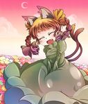  animal_ears bad_id bad_pixiv_id braid cat_ears cat_tail fang field flower flower_field hair_ribbon kaenbyou_rin multiple_tails red_hair ribbon sakurai_energy short_hair smile solo tail touhou twin_braids twintails 