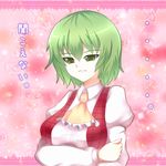  1girl ascot breast_hold breasts confession frown greave_(asterism) green_eyes green_hair kazami_yuuka plaid plaid_vest pov puffy_sleeves solo touhou translated vest 