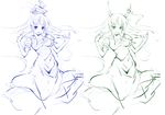  bad_id bad_pixiv_id blue cofepig dress dual_persona ex-keine green hat horn_ribbon horns kamishirasawa_keine multiple_girls multiple_monochrome ribbon simple_background sketch smirk touhou white_background 