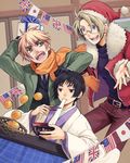  america_(hetalia) axis_powers_hetalia flag flags_of_all_nations food fruit glasses gloves hat highres japan_(hetalia) male_focus multiple_boys orange santa_hat string string_of_flags united_kingdom_(hetalia) yuzukarin 