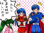  2girls 74 armor blue_eyes blue_hair blush cape chiki embarrassed fingerless_gloves fire_emblem fire_emblem:_monshou_no_nazo gloves green_eyes green_hair hair_ornament long_hair mamkute marth multiple_girls open_mouth pointy_ears ponytail scarf sheeda smile sweatdrop translated 