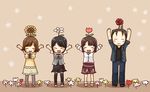  3girls \o/ arms_up asou_misaki black_hair blush_stickers brown_hair closed_eyes denim dress fatal_frame fatal_frame_4 flower flower_on_head hagino_chiyoko happy jeans kirishima_choushiro lowres minazuki_ruka multiple_girls object_on_head outstretched_arms pants pantyhose short_hair skirt thighhighs tsukimori_madoka 