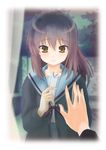  against_glass akikan_(credit) bookmark brown_eyes brown_hair cardigan face genderswap genderswap_(mtf) hands kita_high_school_uniform kyonko long_hair out_of_frame pov pov_hands reflection school_uniform serafuku solo suzumiya_haruhi_no_shoushitsu suzumiya_haruhi_no_yuuutsu 