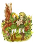  belt blonde_hair blue_eyes boots dual_persona earrings epona flower gloves hat horse jewelry link male_focus multiple_boys pointy_ears rito_(kinokosoup) smile the_legend_of_zelda 