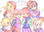  2006 5girls ;d arms_behind_back artist_request blonde_hair brown_eyes brown_hair ciel_(rockman) cowboy_shot everyone green_eyes hair_ribbon hairband happy_new_year headgear helmet iris_(rockman_x) leotard looking_at_viewer multiple_girls new_year one_eye_closed open_mouth pink_leotard ponytail red_hair ribbon rockman rockman_(classic) rockman_dash rockman_exe rockman_x rockman_x4 rockman_zero roll roll_caskett roll_exe sakurai_meiru short_hair simple_background smile teeth uniform white_background 