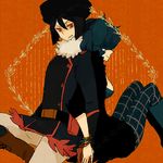 androgynous animal_ears back-to-back black_hair blue_hair fur_hat gen_4_pokemon hat honchkrow l_hakase lowres luxray personification pokemon red_eyes 