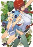  armpits blue_eyes blue_hair breasts brown_hair cleavage flat_chest glasses height_difference huge_breasts japanese_clothes knife multiple_girls red_hair thighhighs wamusato_haru yuusha_no_musume_to_deba_bouchou 