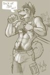  beverage booze bulge canine chest elias english_text facial_hair goatee hair looking_at_viewer male mammal monochrome muscles nipples piercing solo text wolf wolfyama 