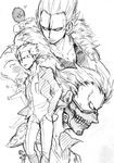  chota del_(logicallogos) dorohedoro en_(dorohedoro) greyscale male_focus mask monochrome multiple_boys multiple_persona mushroom no_eyebrows sketch younger 