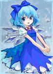  ama-tou blue_eyes blue_hair bow cirno dress hair_bow hands_clasped ice ice_wings outstretched_arms own_hands_together short_hair smile solo stretch touhou v_arms wings 