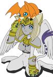  blue_eyes breasts cat claws cute digimon egyptian eye_contact feline female gloves kneeling looking_at_each_other mammal navel nefertimon nipples orange orange_body patamon plain_background simple_background smile solo sphinx tail unknown_artist white white_background white_belly wings 