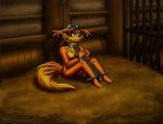  bars bluecactus bound breasts canine chain cuffs detailed_background dungeon female fox green_eyes hi_res invalid_background mammal nude padlock prison scavenger's_daughter sitting solo 