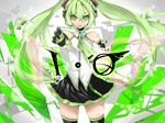  bare_shoulders black_legwear cover digital_dissolve dissolving gloves green_eyes green_hair hatsune_miku headphones headset long_hair necktie outstretched_arm skirt solo tattoo thighhighs twintails vocaloid yume_koreshiki zettai_ryouiki 