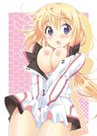  blonde_hair blush breasts charlotte_dunois covering embarrassed infinite_stratos katsuo large_breasts nipples open_clothes open_mouth open_shirt purple_eyes sabano_niwatori shirt shirt_pull uniform wardrobe_malfunction 