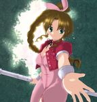  aerith_gainsborough bracelet braid brown_hair dress female final_fantasy final_fantasy_vii green_eyes jacket jewelry long_hair minnku pink_ribbon polearm ribbon single_braid solo staff weapon 