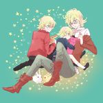  :3 barnaby_brooks_jr belt blonde_hair blue_eyes boots bunny child glasses green_eyes hug jacket jewelry male_focus multiple_boys multiple_persona necklace red_jacket shinji_(secound2ikari) star studded_belt stuffed_animal stuffed_bunny stuffed_toy teenage tiger_&amp;_bunny time_paradox younger 