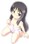  barefoot black_hair blue_eyes blush breasts cleavage downblouse from_above glasses highres kazuboh kneeling long_hair minakami_mai naked_towel nichijou small_breasts solo towel 