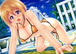  all_fours beach bikini blonde_hair blue_eyes blush breasts charlotte_dunois cleavage covered_nipples day infinite_stratos jewelry large_breasts open_mouth pendant shiny shiny_skin side-tie_bikini solo sweat swimsuit towel uehiro untied 