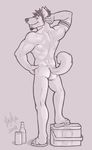  back_turned biceps butt canine ear_piercing elias facial_hair facial_piercing goatee hair looking_at_viewer male mammal monochrome muscles nose_piercing nude piercing plain_background pose sandals solo wolf wolfyama 