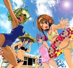  ^_^ ahoge akira_(umihan) ball banner beach_house beachball bikini blue_eyes breasts brown_eyes brown_hair casual_one-piece_swimsuit closed_eyes cloud coca-cola covered_navel day diving_mask green_hair grey_hair hat highres innertube lens_flare medium_breasts multicolored_hair multiple_girls name_tag navel nobori one-piece_swimsuit one_eye_closed open_mouth original outstretched_arm outstretched_hand print_bikini purple_hair red_eyes school_swimsuit short_hair snorkel straw_hat swimsuit tan two-tone_hair vending_machine 