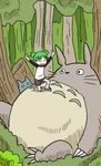  child creature crossover eyes_closed ghibli green_eyes green_hair happy koiwai_yotsuba open_mouth quad_tails short_hair smile studio_ghibli tonari_no_totoro totoro tree yotsubato yotsubato! 