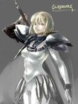  armor blonde_hair breasts cape clare_(claymore) claymore claymore_(sword) faulds huge_weapon medium_breasts mikoyan over_shoulder pauldrons short_hair silver_eyes solo sword sword_over_shoulder vambraces weapon weapon_over_shoulder 