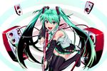  :d detached_sleeves green_eyes green_hair guitar hatsune_miku instrument jibon jumping long_hair open_mouth smile solo speaker twintails v-shaped_eyebrows very_long_hair vocaloid 