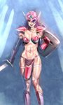  abs armor bikini_armor blue_eyes bow_(bhp) breasts dragon_quest dragon_quest_iii helmet highres large_breasts muscle navel open_mouth purple_hair red_armor shield shoulder_pads sketch smile soldier_(dq3) solo sword warrior weapon 