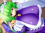  1girl :d animal_ears apron bangs bed bell bell_collar blonde_hair blue_dress breasts collar cow_bell cow_ears cow_horns dress dutch_angle erect_nipples faceless faceless_male frills from_above game_cg gigantic_breasts glasses green_hair gunner-l hands_on_another's_shoulders horns huge_breasts impossible_clothes impossible_dress indoors liza_(saikyou_goshujin-sama!) long_hair long_sleeves maid maid_apron maid_headdress mighty_my_master open_mouth plant potted_plant puffy_sleeves purple_eyes rimless_glasses saikyou_goshujin-sama! sheri sherry_(saikyou_goshujin-sama!) short_hair sitting smile solo_focus taut_clothes turtleneck very_long_hair wooden_floor 