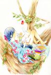  barefoot blue_hair blue_kimono book bow braid drink drinking drinking_straw fan japanese_clothes kimono orange_eyes original paper_fan profile reading solo traditional_media tree uchiwa watercolor_(medium) wind_chime yukata yuufuushi 