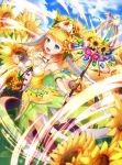  1girl :d armlet bangs blonde_hair blue_eyes blue_sky breasts brown_legwear cleavage clenched_hand cloud day dress flower gem hair_flower hair_ornament hat holding holding_staff looking_at_viewer lunacle medium_breasts open_mouth original outdoors sky smile staff standing sunflower wind wrist_cuffs yellow_dress 