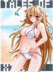  1girl ahoge bad_id bad_pixiv_id bikini blonde_hair breasts embarrassed green_hair large_breasts long_hair milla_maxwell multicolored_hair red_eyes solo streaked_hair swimsuit tales_of_(series) tales_of_xillia 