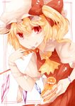  bad_id bad_pixiv_id blonde_hair bow bracelet cake flandre_scarlet food fork hat heart highres jewelry kaio_(watagami) licking red_eyes side_ponytail simple_background smile solo touhou upper_body wings 