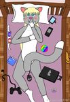  2011 absurd_res bed blonde_hair blue_eyes blush branislavdj cat cd computer computer_mouse feline female floor gamepad hair hi_res laptop looking_at_viewer nokia shy slipper tail telephone 