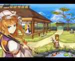  animal_ears aqua_eyes blonde_hair bloomers bow brown_eyes brown_hair building cat_ears cat_tail chen chinese_clothes cloud day dress fish fox_tail frills gate hair_bow hands_in_opposite_sleeves hat hat_ribbon hide448 highres jewelry koi letterboxed lily_pad long_hair looking_back mountain multiple_girls multiple_tails outdoors pond ribbon rock short_hair single_earring sky smile squatting tabard tail touhou tree underwear water yakumo_ran yakumo_yukari 