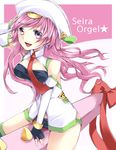  :d arm_support bad_id bad_pixiv_id bare_shoulders bow breasts chaos;head detached_sleeves fingerless_gloves gloves hand_on_headwear hand_up hat jewelry long_hair mace medium_breasts necktie open_mouth pink_hair purple_eyes richard_(ri39p) seira_orgel single_earring smile solo straddling thighhighs weapon 